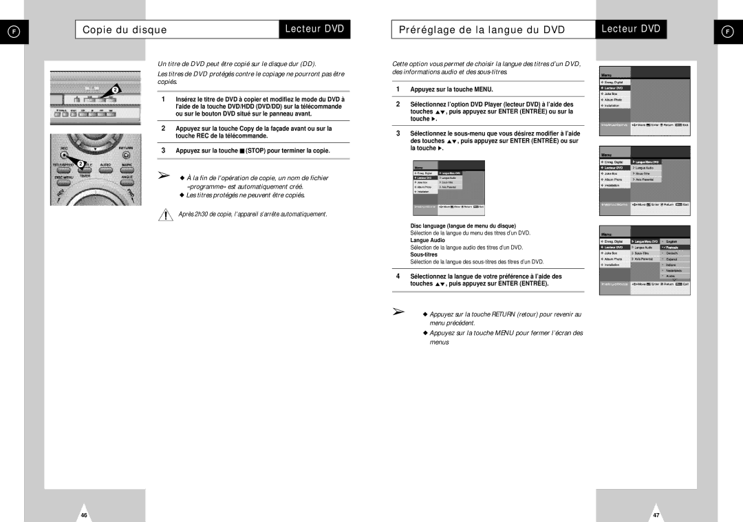 Samsung DVD-H40E/XEF manual Copie du disque, Préréglage de la langue du DVD 