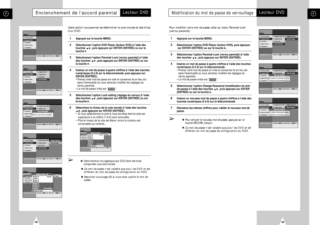 Samsung DVD-H40E/XEF manual Enclenchement de l’accord parental Lecteur DVD 