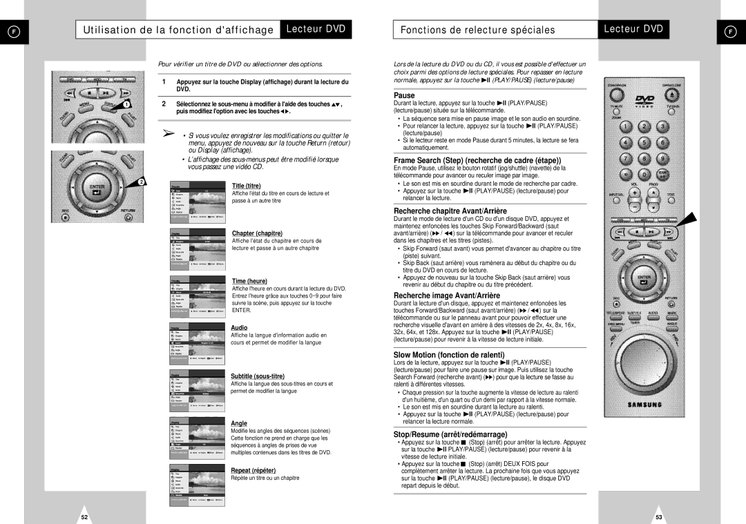 Samsung DVD-H40E/XEF manual Utilisation de la fonction daffichage Lecteur DVD, Fonctions de relecture spéciales 