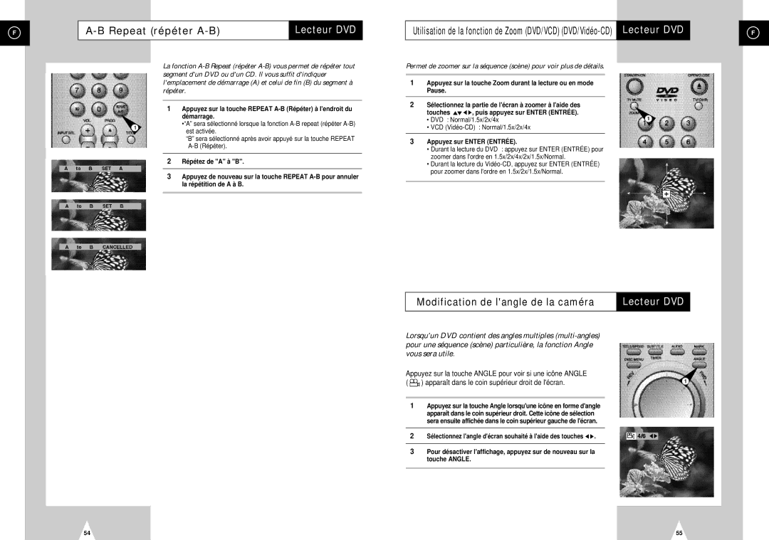 Samsung DVD-H40E/XEF manual Repeat répéter A-B, Modification de langle de la caméra, Appuyez sur Enter Entrée 