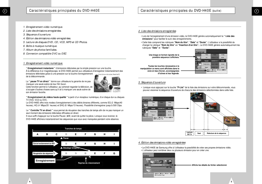 Samsung DVD-H40E/XEF manual Caractéristiques principales du DVD-H40E suite 