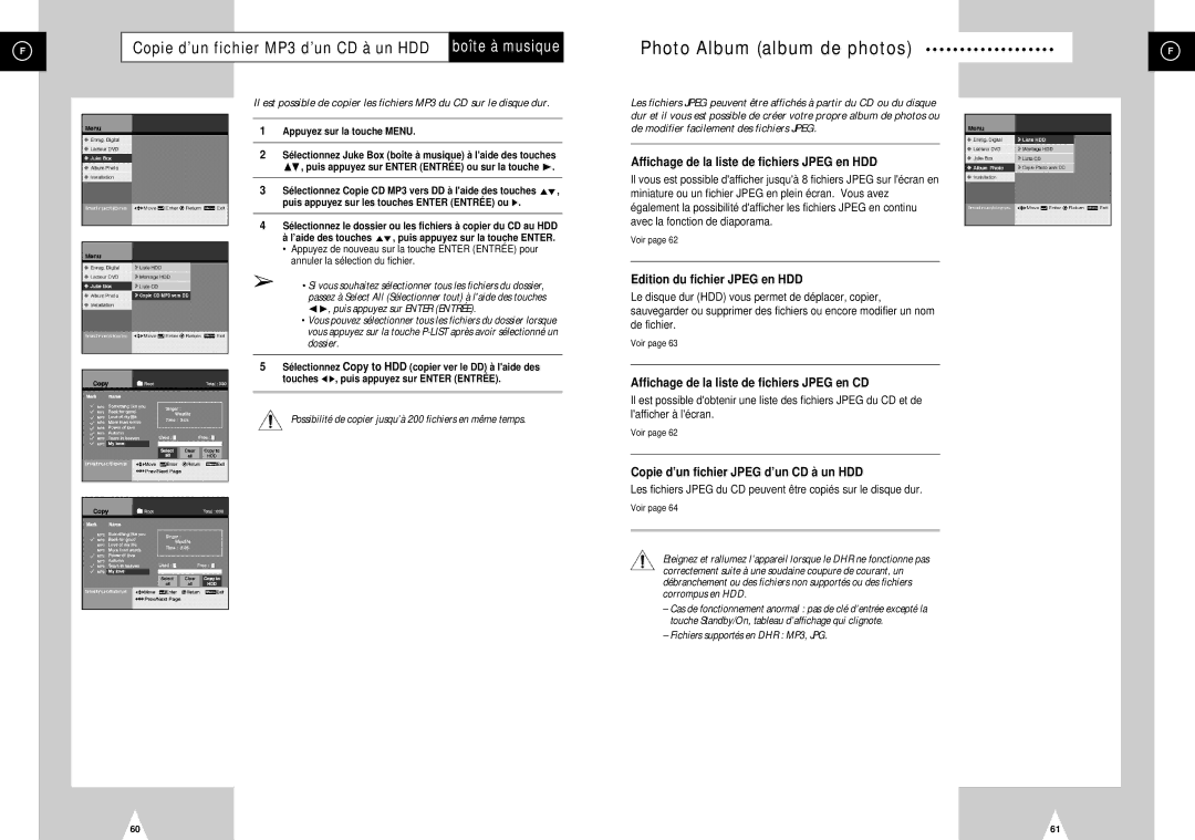 Samsung DVD-H40E/XEF manual Copie d’un fichier MP3 d’un CD à un HDD boîte à musique, Edition du fichier Jpeg en HDD 