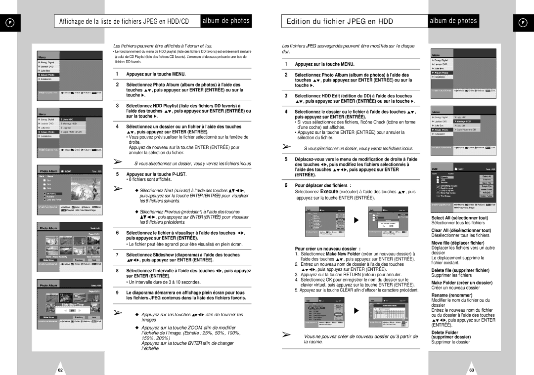 Samsung DVD-H40E/XEF manual Edition du fichier Jpeg en HDD, Les fichiers peuvent être affichés à lécran et lus 