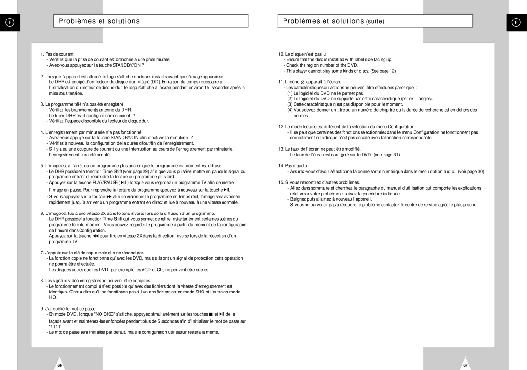 Samsung DVD-H40E/XEF manual Problèmes et solutions suite 