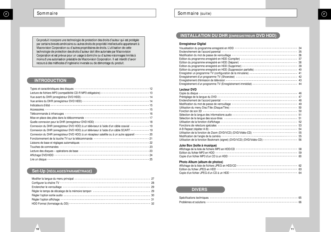 Samsung DVD-H40E/XEF manual Sommaire suite, Spécifications techniques Problèmes et solutions 