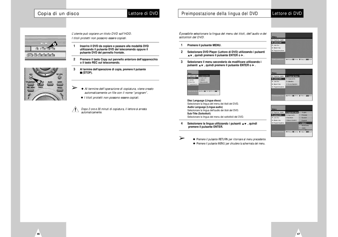 Samsung DVD-H40E/XET manual Copia di un disco, Preimpostazione della lingua del DVD 