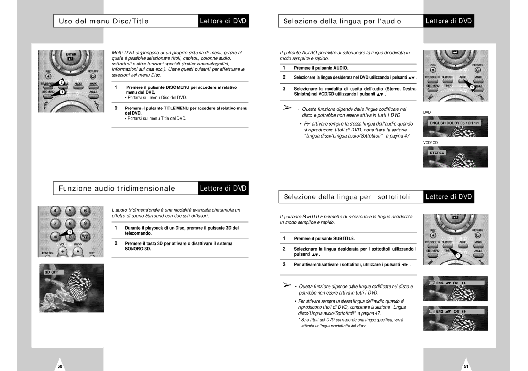 Samsung DVD-H40E/XET manual Uso del menu Disc/Title, Selezione della lingua per laudio, Funzione audio tridimensionale 