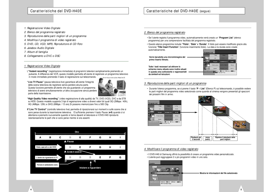 Samsung DVD-H40E/XET manual Caratteristiche del DVD-H40E segue 