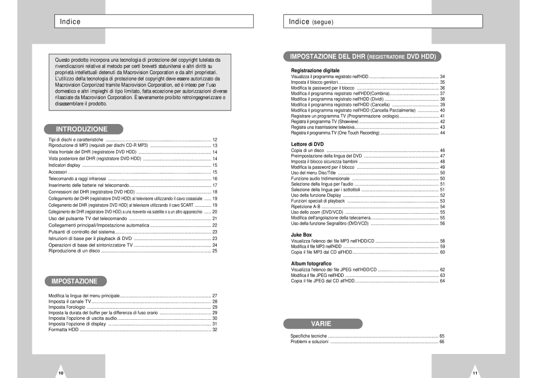 Samsung DVD-H40E/XET manual Indice segue, Istruzioni di base per il playback di DVD, Imposta lorologio 