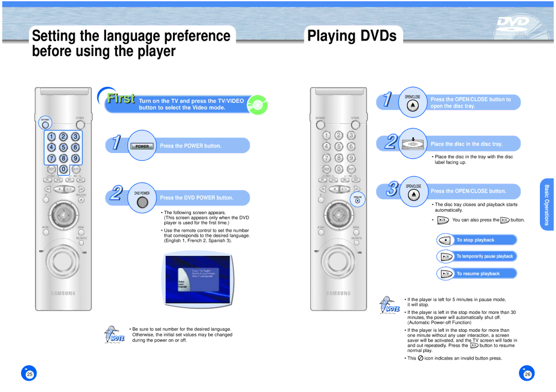 Samsung DVD-HD1000 manual Playing DVDs, Setting the language preference before using the player 