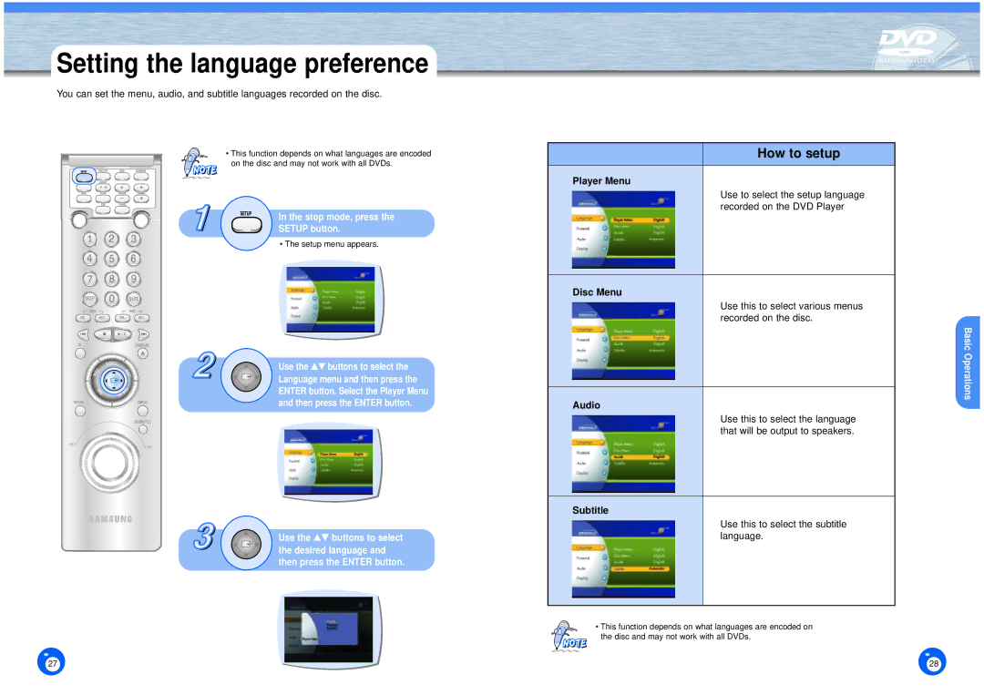 Samsung DVD-HD1000 manual Setting the language preference, Basic Operations 