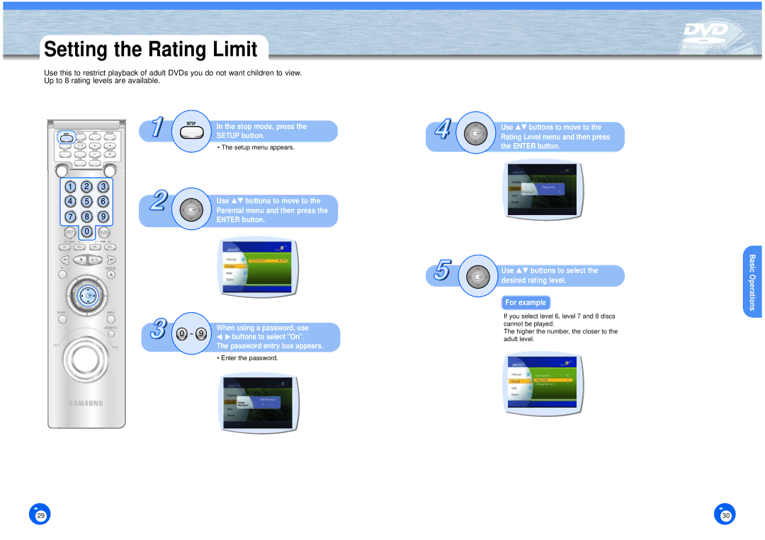 Samsung DVD-HD1000 manual Setting the Rating Limit 