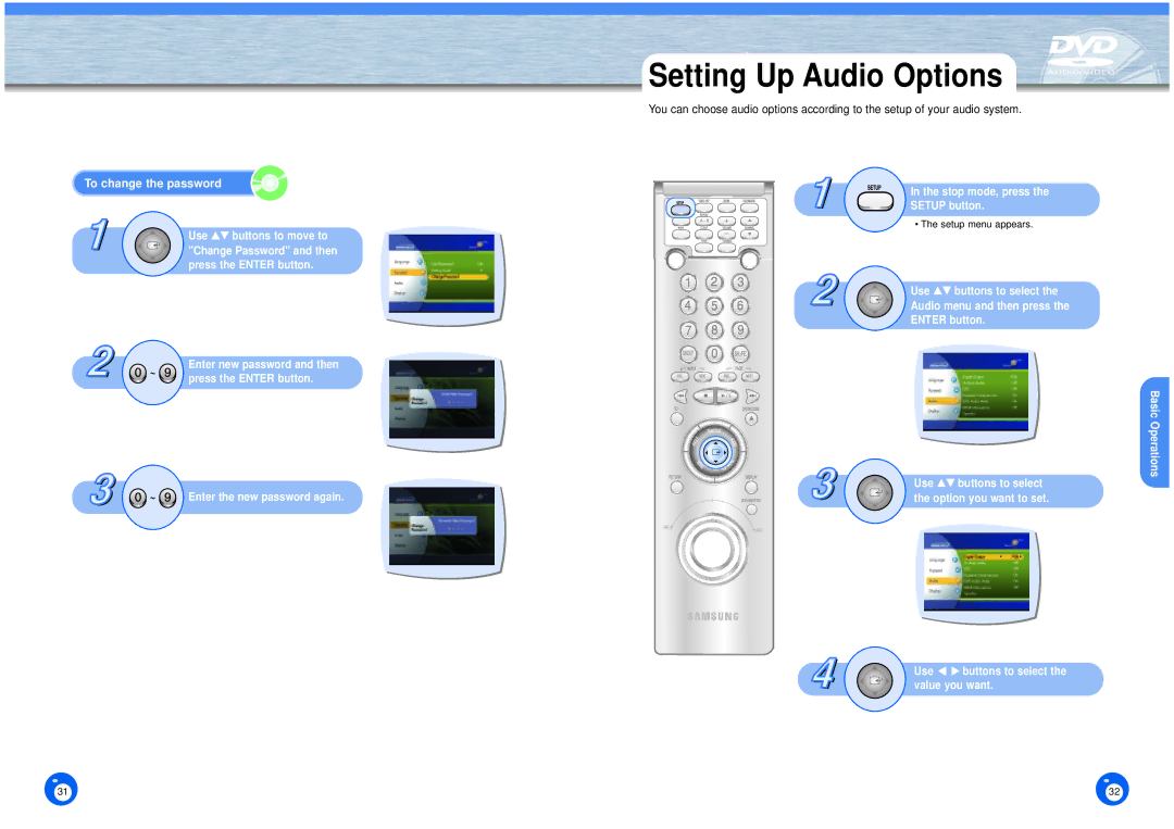 Samsung DVD-HD1000 manual Setting Up Audio Options, To change the password 