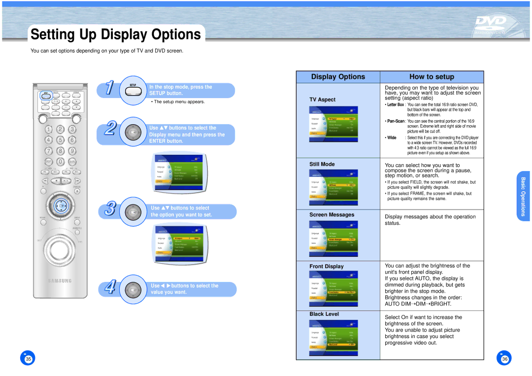 Samsung DVD-HD1000 manual Setting Up Display Options 