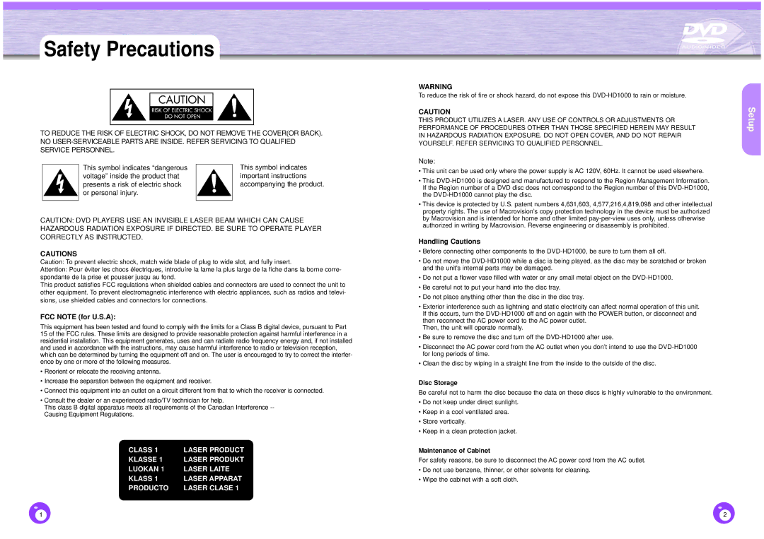 Samsung DVD-HD1000 manual Safety Precautions, Setup, FCC Note for U.S.A, Handling Cautions 