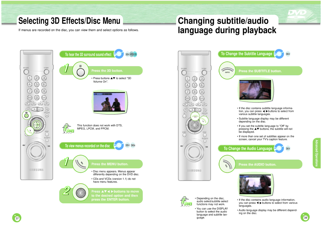 Samsung DVD-HD1000 manual Changing subtitle/audio Language during playback 