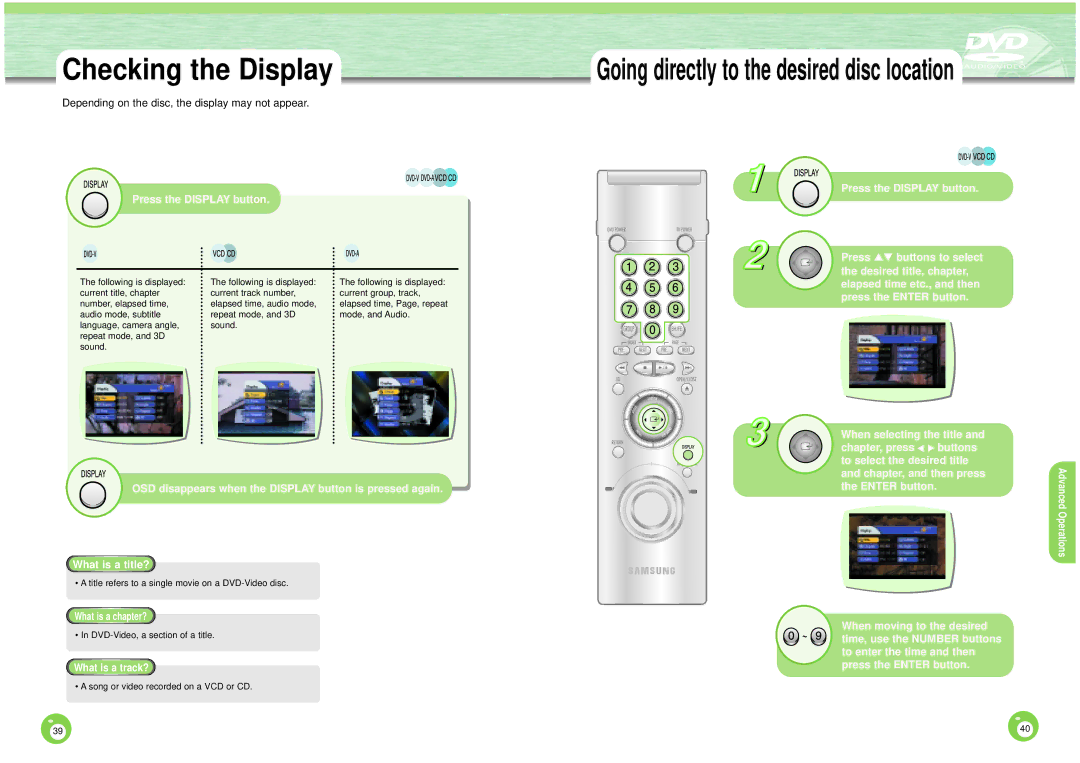 Samsung DVD-HD1000 manual Checking the Display, Press the Display button 