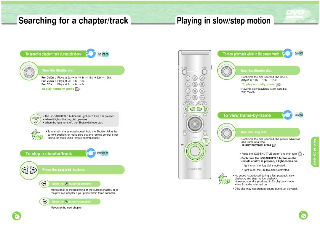 Samsung DVD-HD1000 manual Searching for a chapter/track, To skip a chapter/track, To view frame-by-frame 