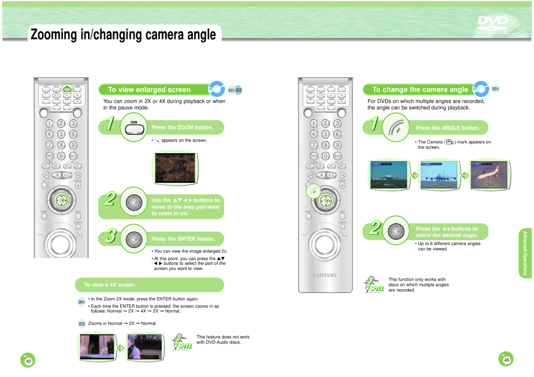 Samsung DVD-HD1000 manual To view enlarged screen, To change the camera angle, Press the Zoom button, To view a 4X screen 