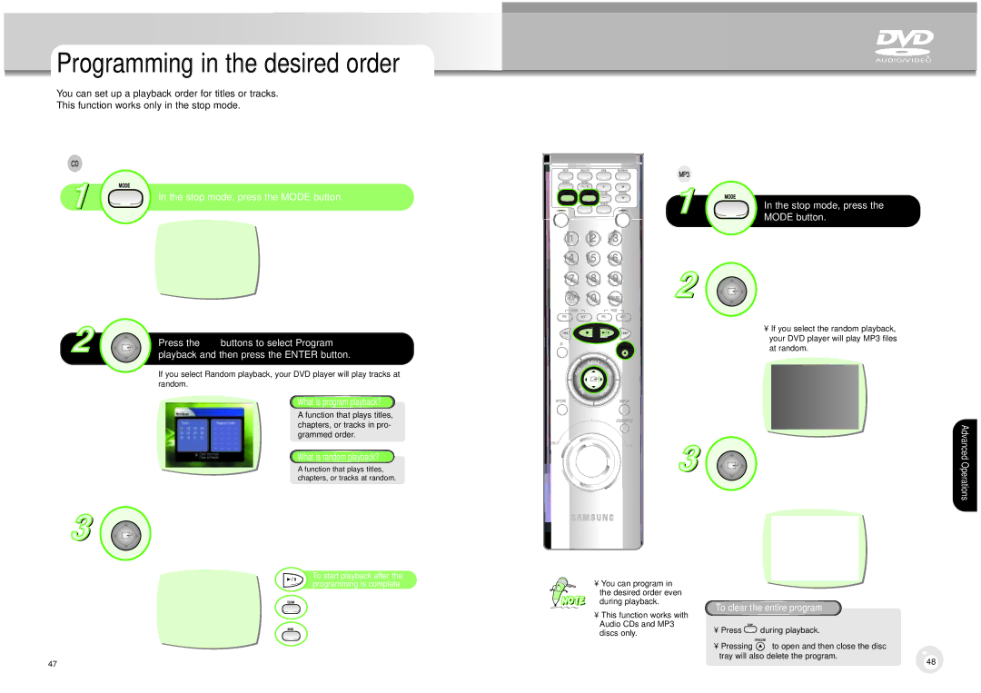 Samsung DVD-HD1000 manual Programming in the desired order, Stop mode, press Mode button 