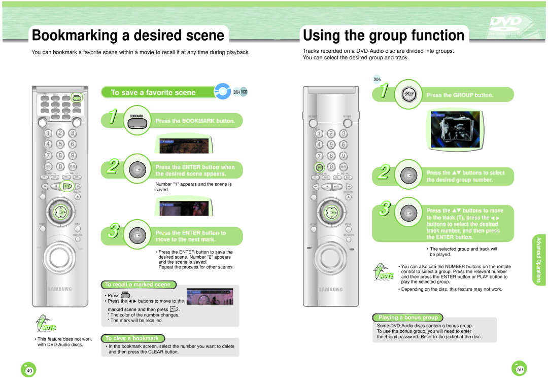 Samsung DVD-HD1000 manual Bookmarking a desired scene Using the group function, To save a favorite scene 