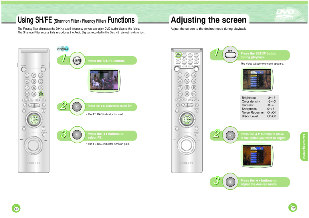 Samsung DVD-HD1000 manual Adjusting the screen, Press the SH./FE. button, Select FE, Press the Setup button during playback 