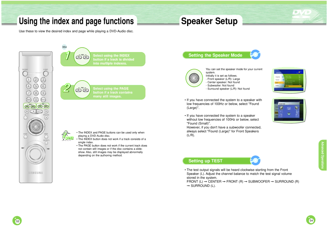 Samsung DVD-HD1000 manual Setting the Speaker Mode, Setting up Test 