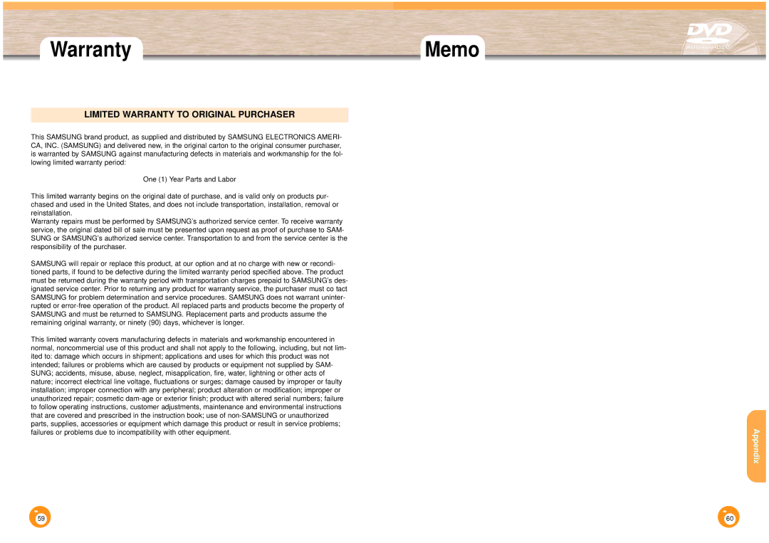 Samsung DVD-HD1000 manual Warranty, Memo 