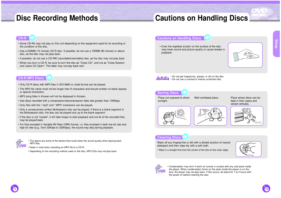 Samsung DVD-HD1000 manual Disc Recording Methods, CD-R MP3 Discs, Storing Discs, Cleaning Discs 