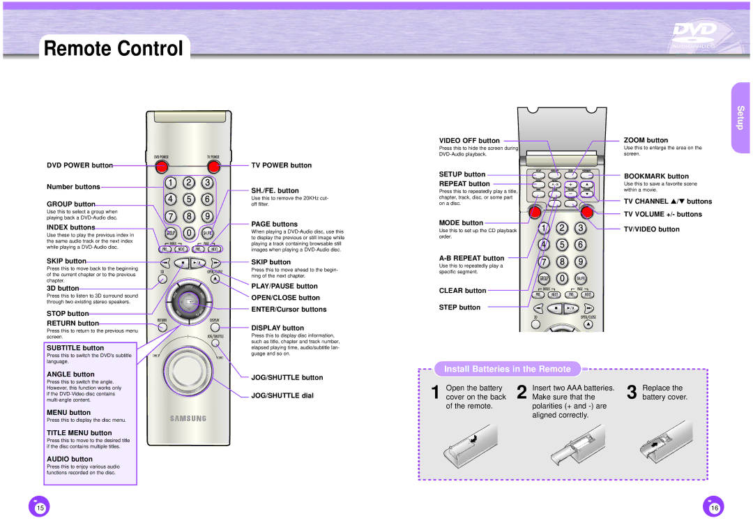 Samsung DVD-HD1000 manual Remote Control, Install Batteries in the Remote 