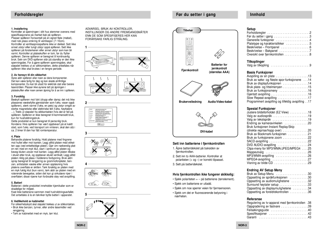 Samsung DVD-HD745/XEE manual Forholdsregler, Før du setter i gang, Innhold 