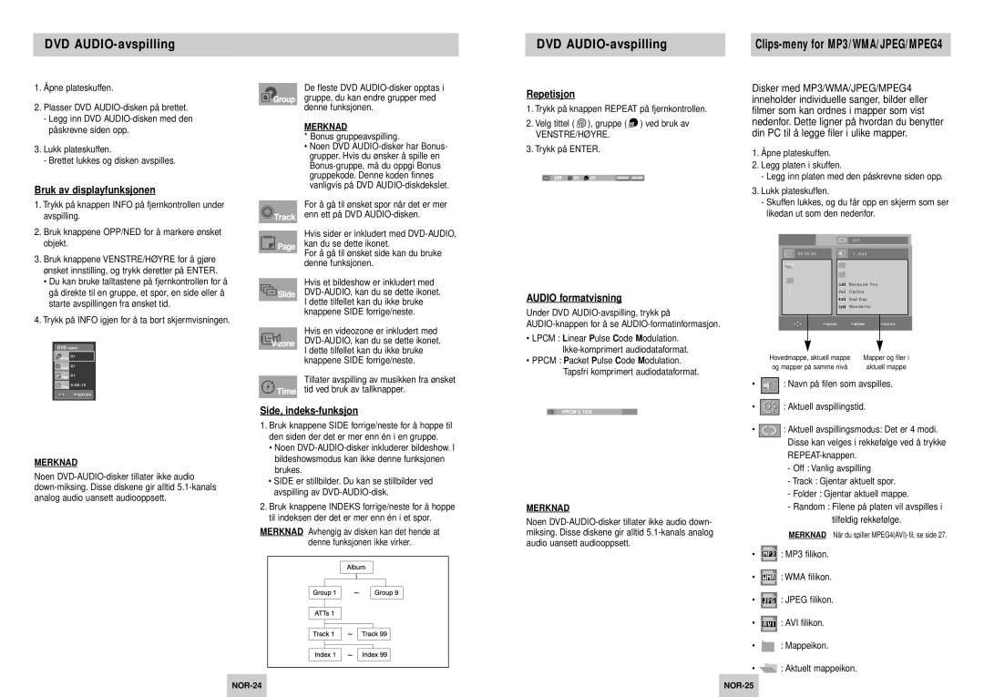 Samsung DVD-HD745/XEE manual DVD AUDIO-avspilling, Bruk av displayfunksjonen, Side, indeks-funksjon, Repetisjon 