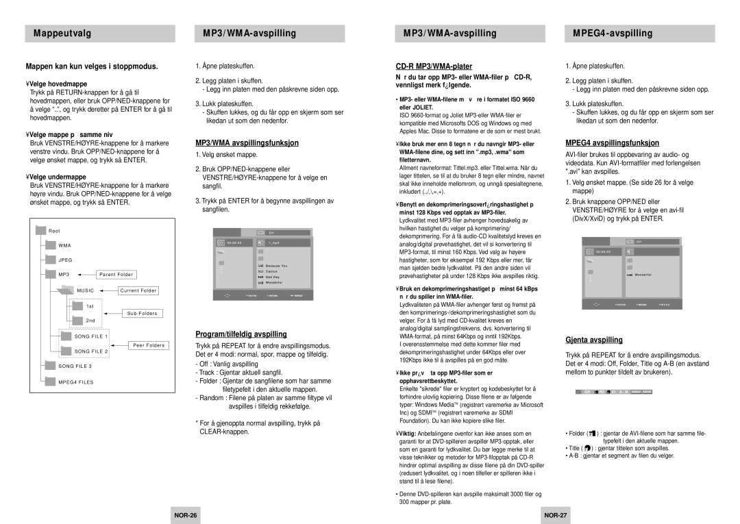 Samsung DVD-HD745/XEE manual Mappen kan kun velges i stoppmodus, MP3/WMA avspillingsfunksjon, Program/tilfeldig avspilling 