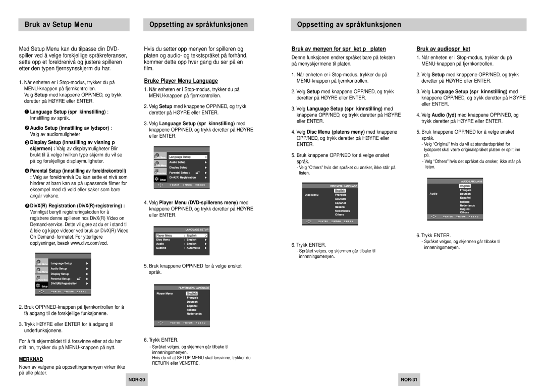 Samsung DVD-HD745/XEE Bruk av Setup Menu, Oppsetting av språkfunksjonen, Bruke Player Menu Language, Bruk av audiosprå ket 
