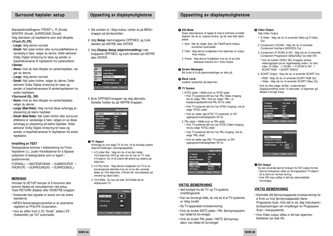 Samsung DVD-HD745/XEE manual Oppsetting av displaymulighetene, Front FL,FR, Senter, Surround SL, SR, Innstilling av Test 