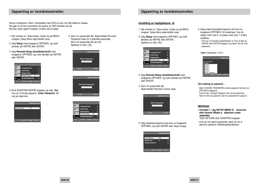 Samsung DVD-HD745/XEE manual Oppsetting av foreldrekontrollen, Innstilling av hastighetsnivå et, Om endring av passord 