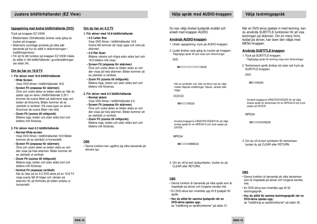 Samsung DVD-HD745/XEE manual Om du har en 169 TV, Om du har en 43 TV, Anvä nda AUDIO-knappen, Anvä nda SUBTITLE-knappen 