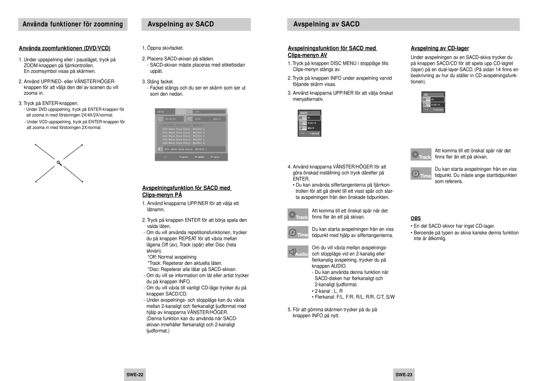 Samsung DVD-HD745/XEE manual Avspelning av Sacd, Anvä nda zoomfunktionen DVD/VCD, Avspelning av CD-lager 