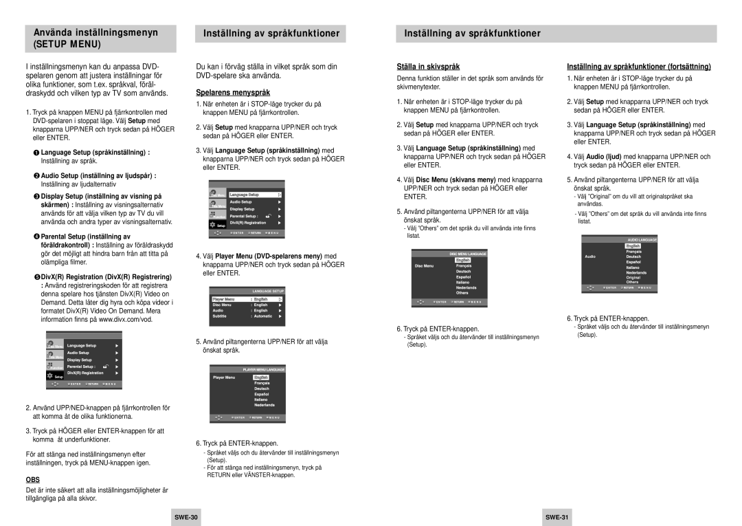 Samsung DVD-HD745/XEE manual Använda inställningsmenyn, Inställning av språkfunktioner, Spelarens menysprå k 