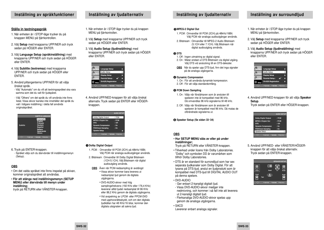 Samsung DVD-HD745/XEE Stä lla in textningssprå k, Hur Setup Menu slå s av eller på under instä llningar, Dvd-Audio, Sacd 