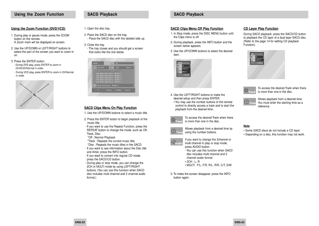 Samsung DVD-HD745/XEG manual Using the Zoom Function Sacd Playback, Using the Zoom Function DVD/VCD, CD Layer Play Function 