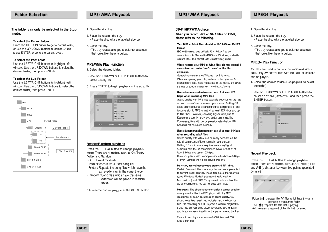 Samsung DVD-HD745/XEG, DVD-HD745/XEL manual Folder Selection MP3/WMA Playback MPEG4 Playback 