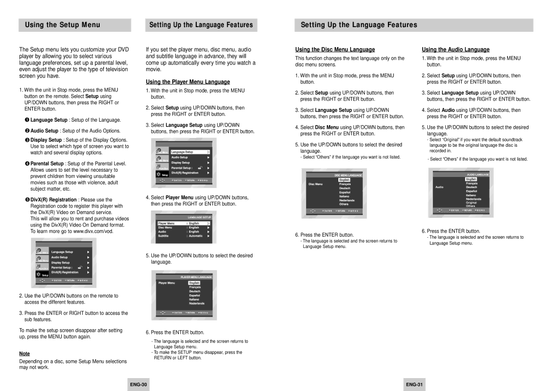 Samsung DVD-HD745/XEG manual Using the Setup Menu, Setting Up the Language Features, Using the Player Menu Language 