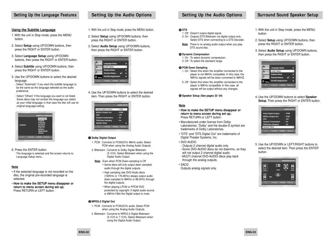 Samsung DVD-HD745/XEL Setting Up the Audio Options, Surround Sound Speaker Setup, Using the Subtitle Language, Dvd-Audio 