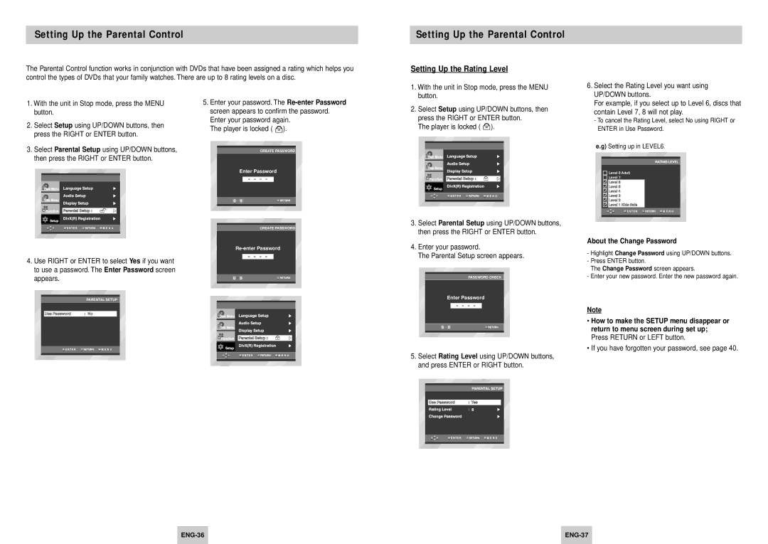 Samsung DVD-HD745/XEL manual Setting Up the Parental Control, Setting Up the Rating Level, About the Change Password 