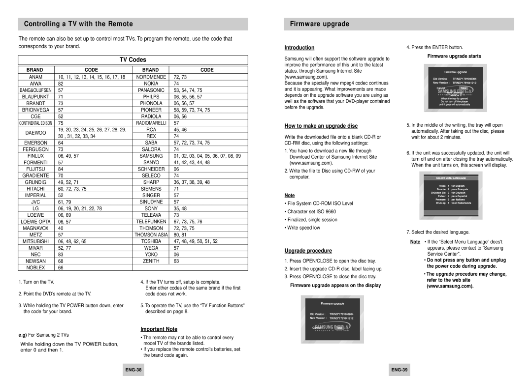 Samsung DVD-HD745/XEG manual Controlling a TV with the Remote, Firmware upgrade, Introduction, How to make an upgrade disc 