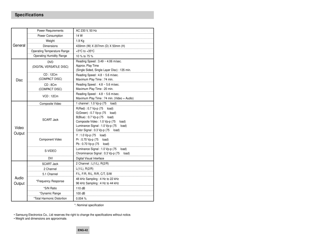 Samsung DVD-HD745/XEG, DVD-HD745/XEL manual Specifications 