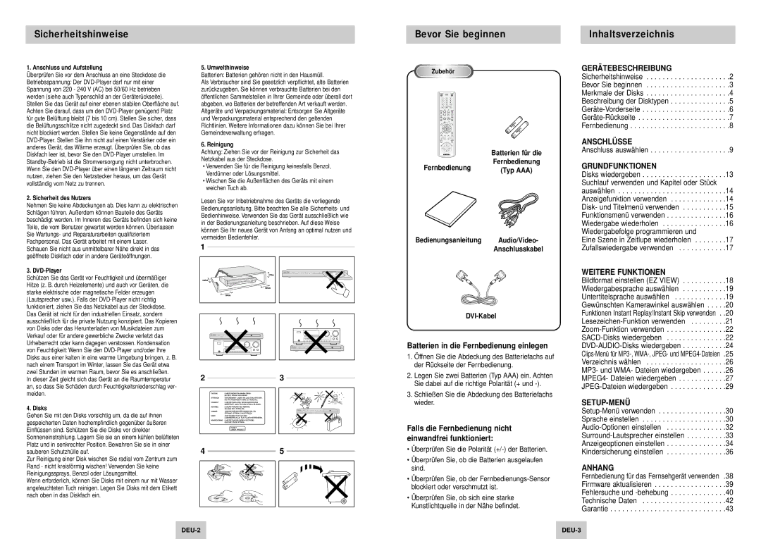 Samsung DVD-HD745/XEL Sicherheitshinweise, Bevor Sie beginnen, Inhaltsverzeichnis, Batterien in die Fernbedienung einlegen 