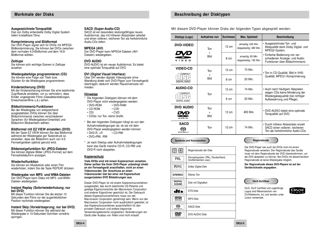 Samsung DVD-HD745/XEG, DVD-HD745/XEL manual Merkmale der Disks, Beschreibung der Disktypen 