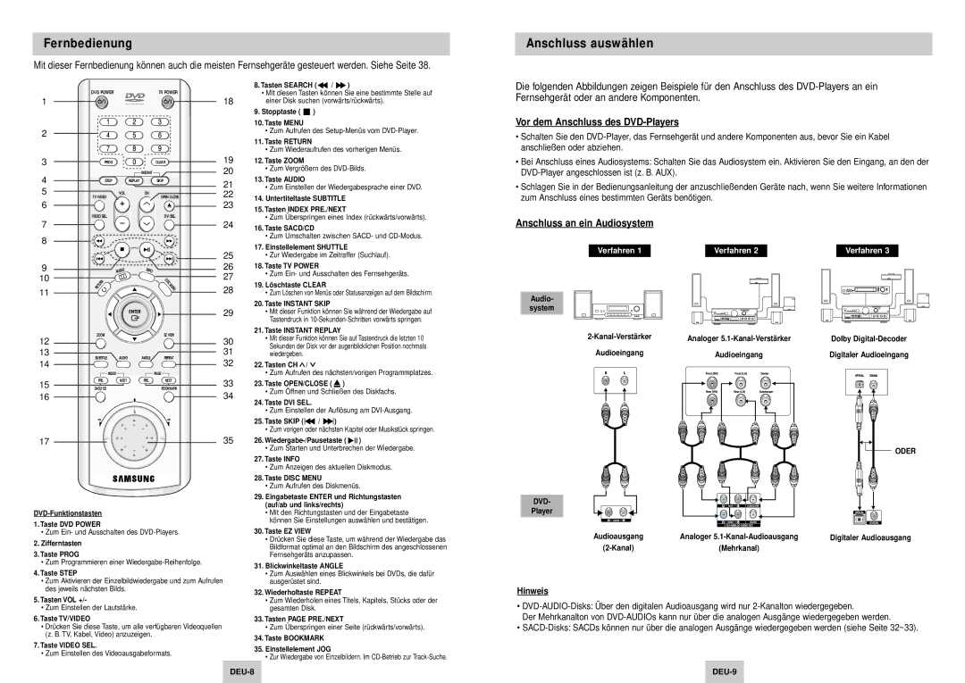 Samsung DVD-HD745/XEG manual Anschluss auswählen, Vor dem Anschluss des DVD-Players, Anschluss an ein Audiosystem, Hinweis 